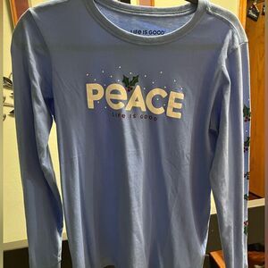 EUC Life is Good Small Blue Long Sleeve Shirt Peace, Holly On Sleeve. #096